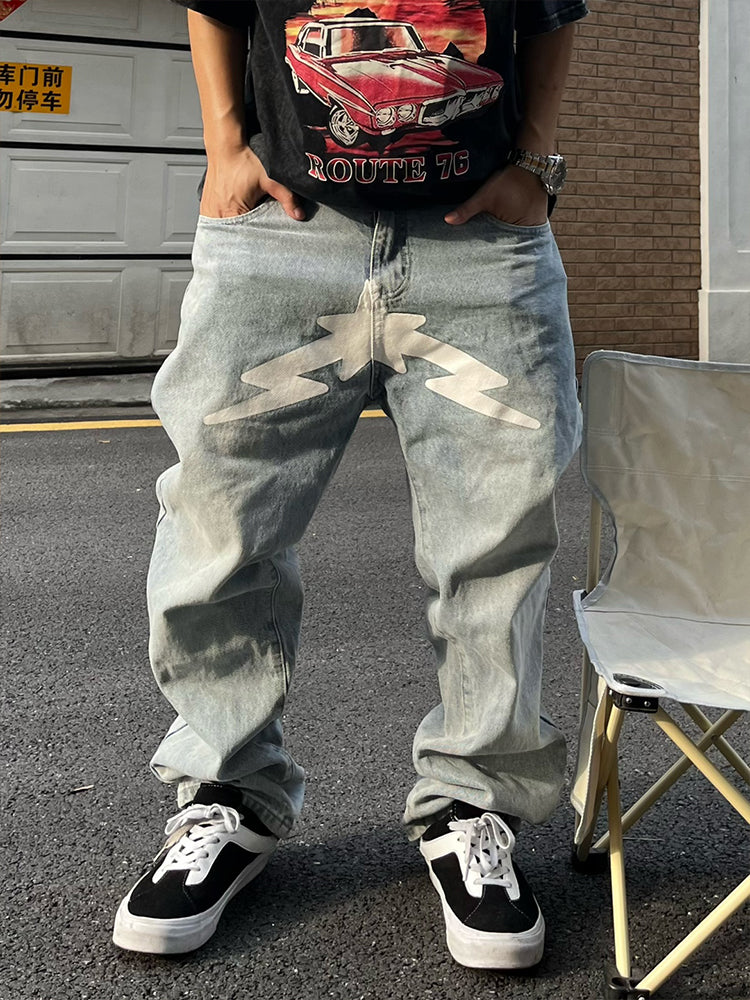 Men's Black Star Printed Baggy Jeans