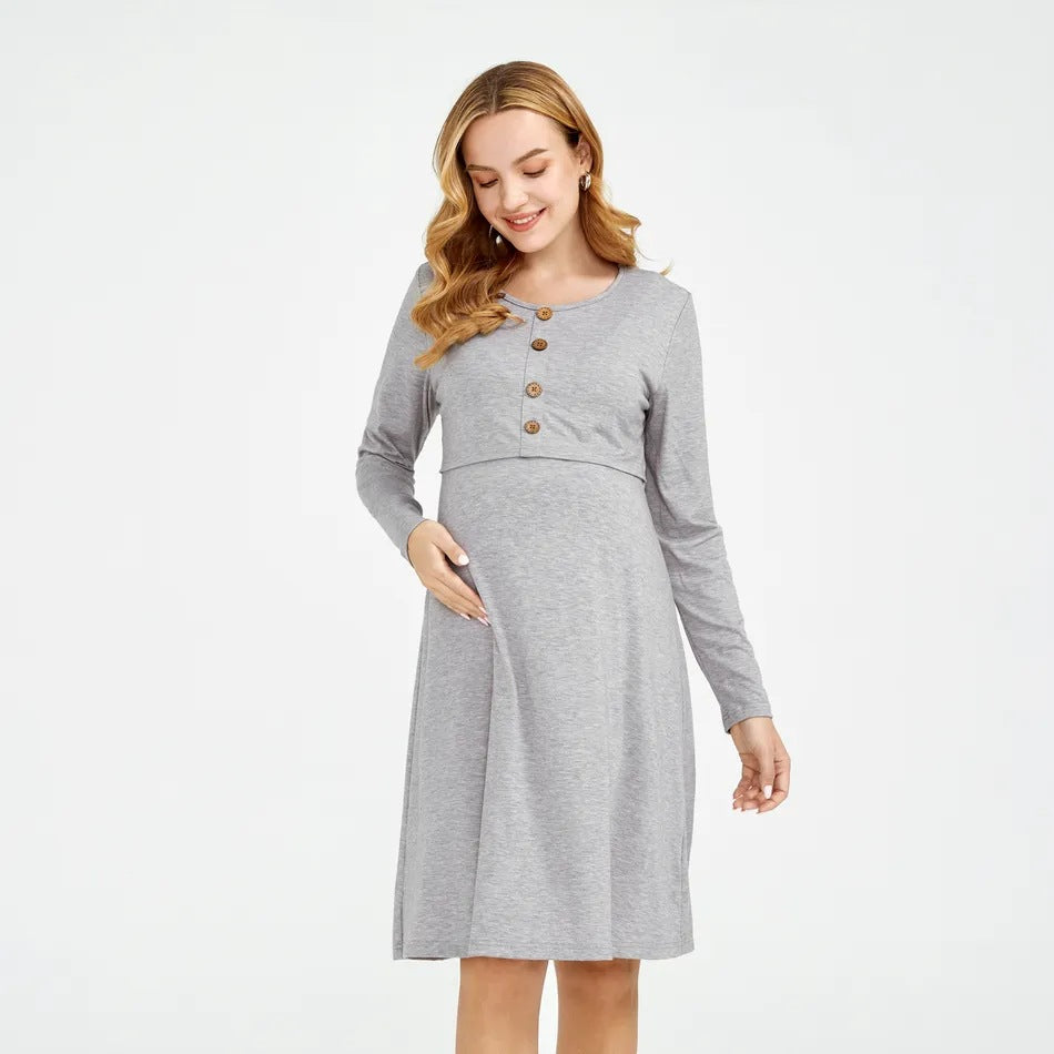 Women's Maternity Crew Neck Button Down Nursing Pullover Dress,