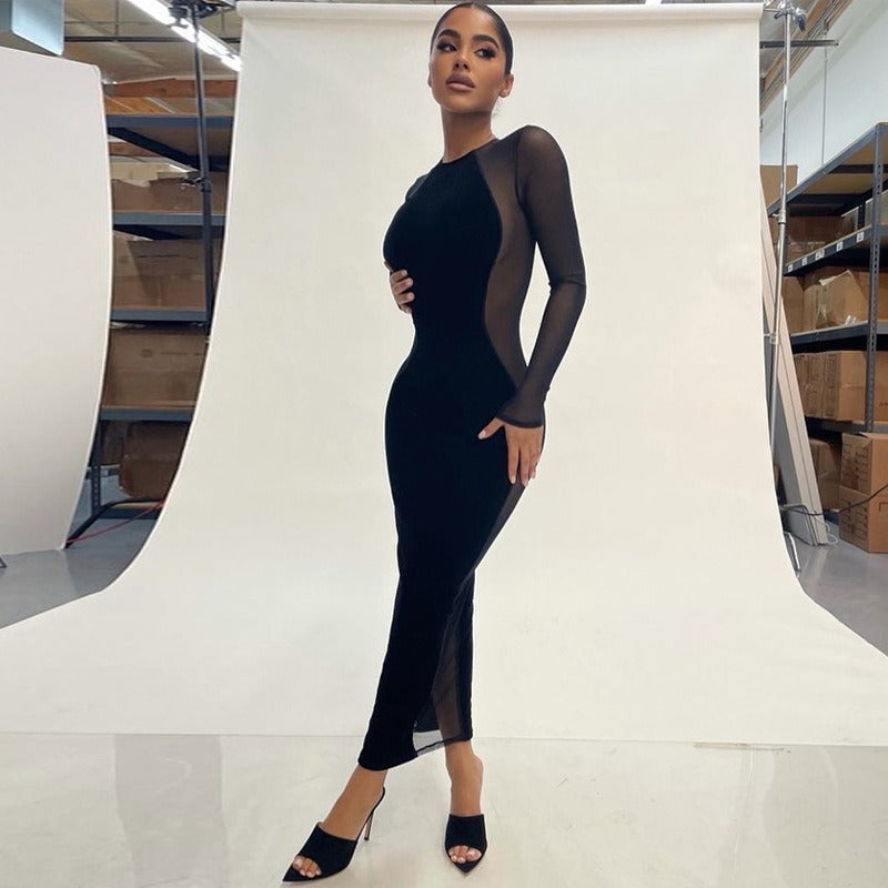 Autumn See-through Mesh Long Sleeve Dress