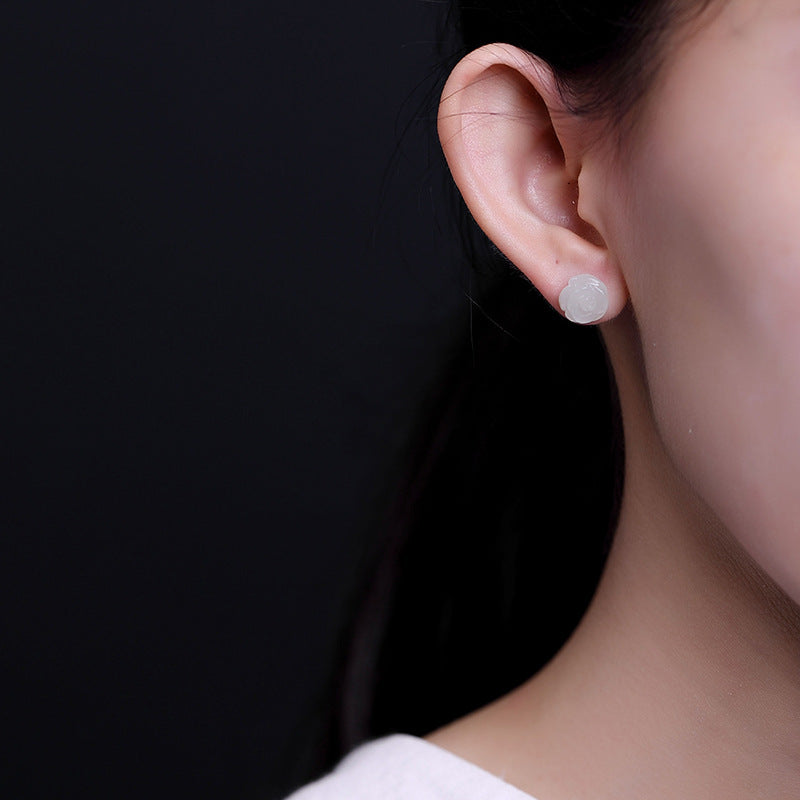 S925 Silver White Rose Jade Stud Earrings for Women