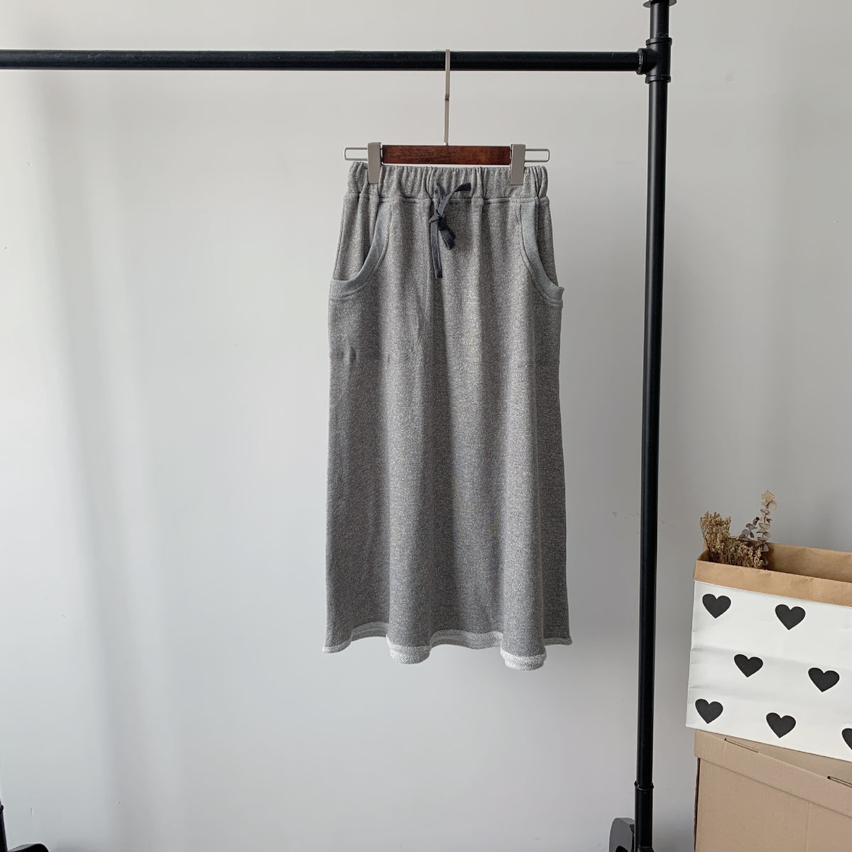 Elastic Drawstring Terry Knit Skirt with Two Pockets