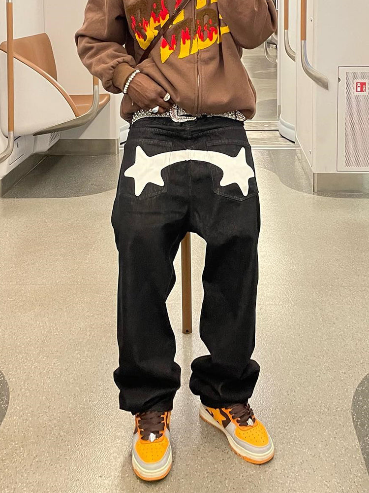 Men's Black Star Printed Baggy Jeans
