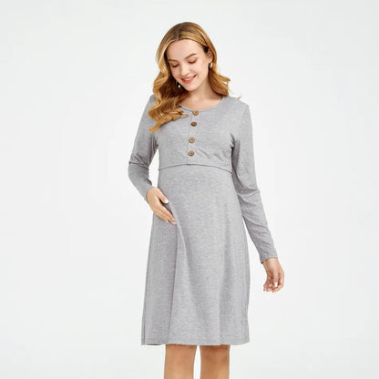 Women's Maternity Crew Neck Button Down Nursing Pullover Dress,