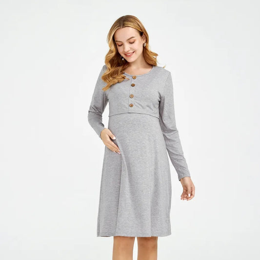 Women's Maternity Crew Neck Button Down Nursing Pullover Dress,