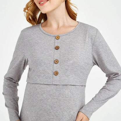 Women's Maternity Crew Neck Button Down Nursing Pullover Dress,