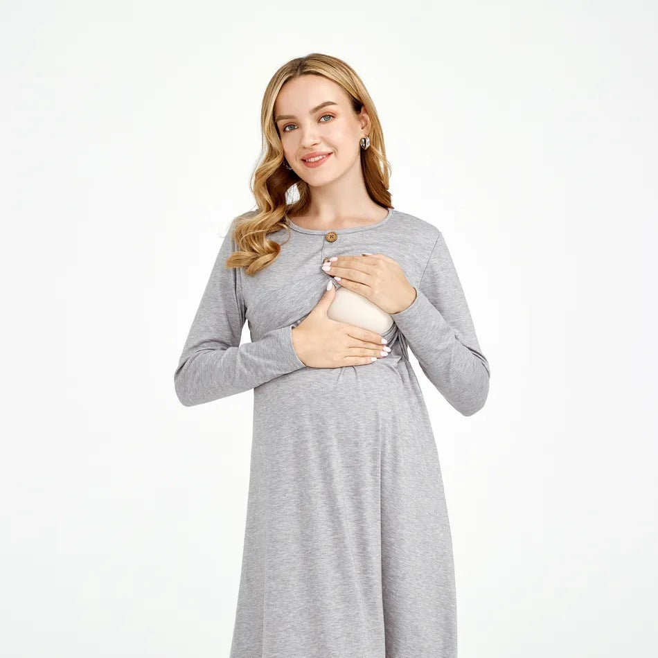 Women's Maternity Crew Neck Button Down Nursing Pullover Dress,