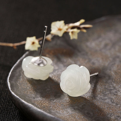 S925 Silver White Rose Jade Stud Earrings for Women