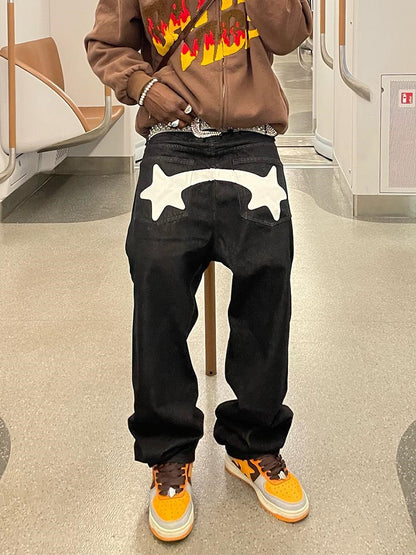 Men's Black Star Printed Baggy Jeans