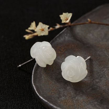 S925 Silver White Rose Jade Stud Earrings for Women
