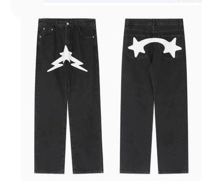 Men's Black Star Printed Baggy Jeans